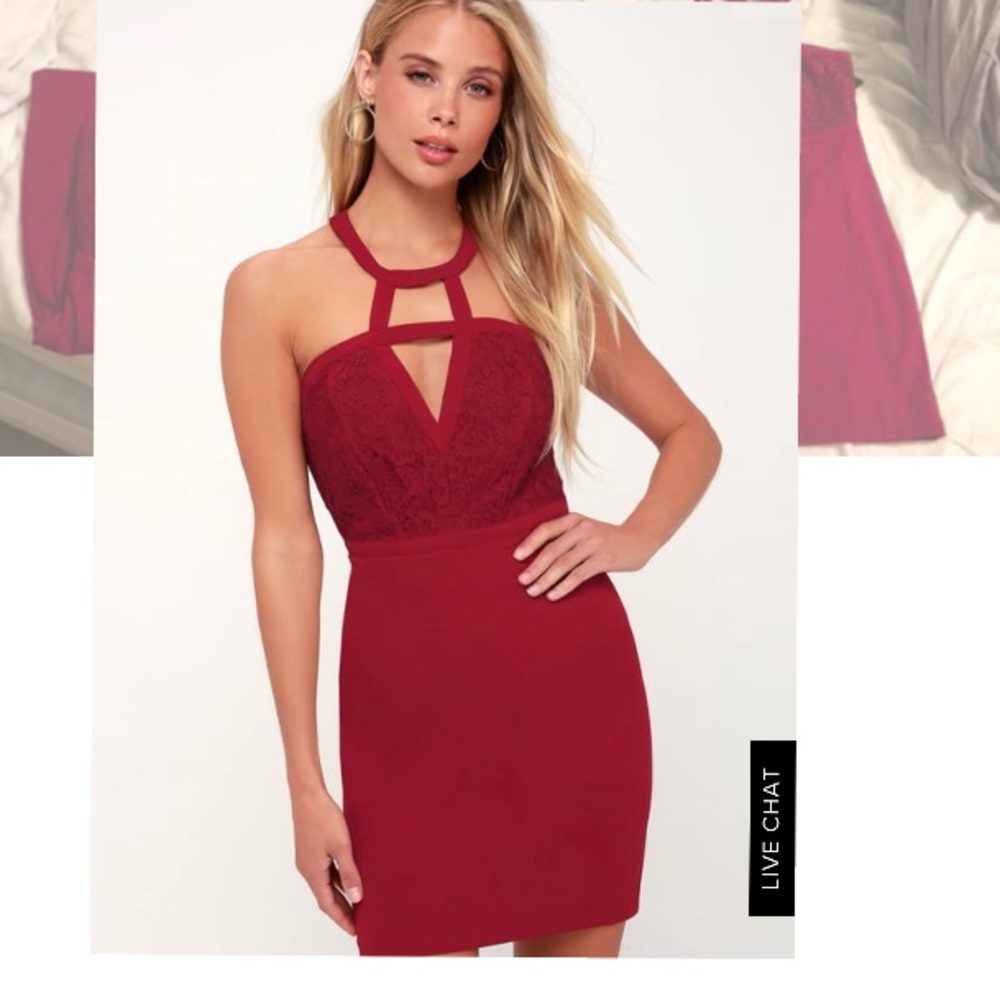 Beautiful red mini dress with lace detail at top!